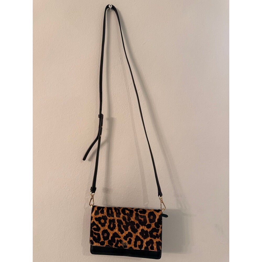 Michael Kors Leopard Calf Hair Crossbody Wallet Bag – Black Leather